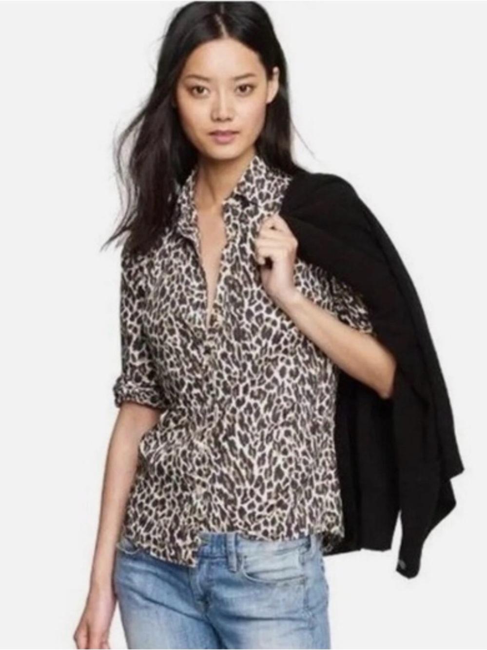 J.Crew Perfect Leopard Print Button Down Shirt Size 6 Silk Blend Brown Tan